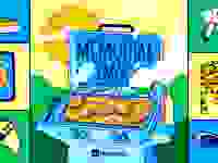 This graphic illustration has blues, greens, and yellows, depicting a grill with burgers on it branded with the word deals