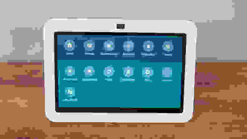 The Amazon Echo Show 8 (3rd Gen) smart display with the screen turned on showing smart home controls.