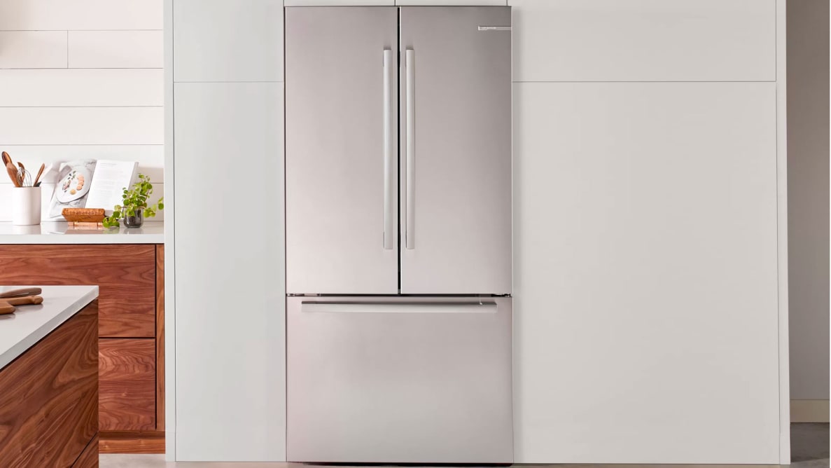 A vanity shot of the Bosch B36CT80SNS French-door refrigerator installed in an upscale kitchen.
