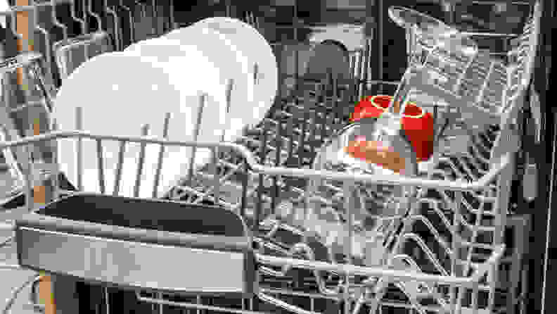 A close-up view of the top rack of the Bosch dishwasher.