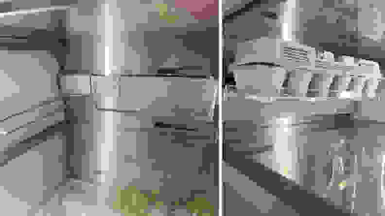 A collage of the different FlexBar fixtures. The left half of the image showcase the bottle holder next to the bin. The right half of the image shows a shelf with a carton of eggs resting on top of it.