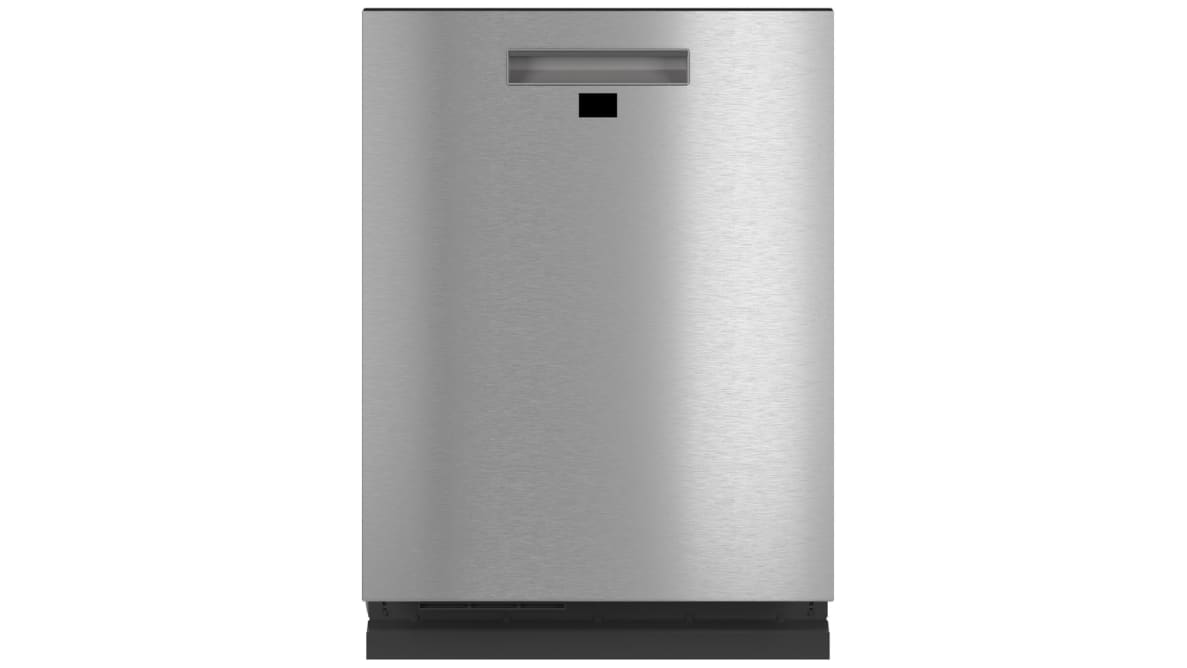A straight-on shot of the Café CDT875M5NS5 dishwasher, floating in a white void. Its Platinum Glass facade is almost bare, save for its pocket handle and a tiny LCD readout.
