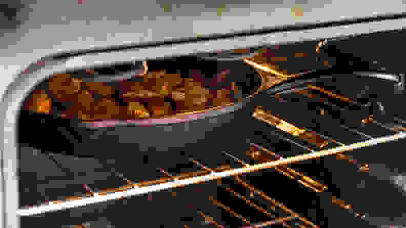 Cast iron pan inside an oven