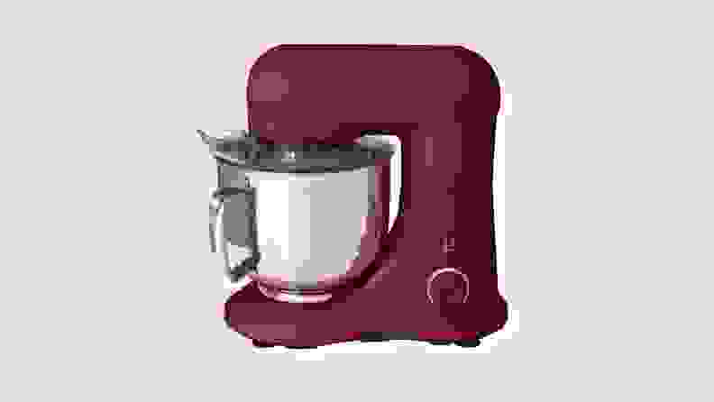 Product shot of burgundy-colored standing mixer from the Beautiful by Drew Barrymore Kitchen Appliances line.