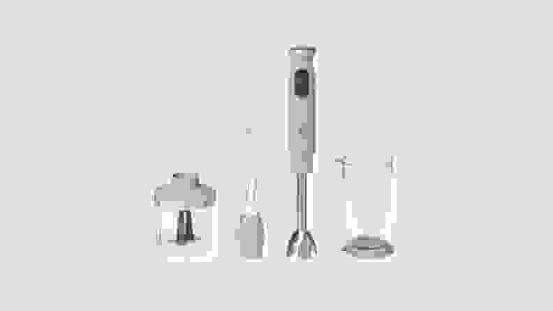 Product shot of assorted jade green immersion blender set from the Beautiful by Drew Barrymore Kitchen Appliance line.