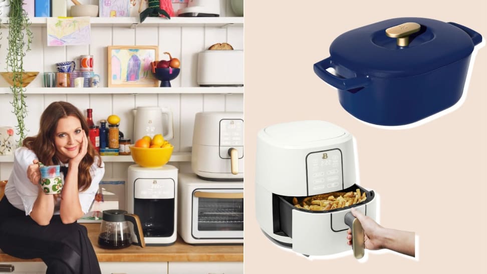 On left, Drew Barrymore sitting on countertop holding a cup of coffee in kitchen. On right, air fryer and casserole from the Beautiful Drew Barrymore cookware line.