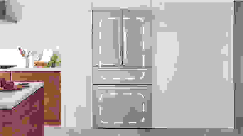 A close-up of a Bosch French-door fridge with a flex drawer, installed in a modern kitchen. There are dotted lines highlighting the two different compressor zones, one that covers the fridge compartment and flex drawer and one that just covers the freezer.