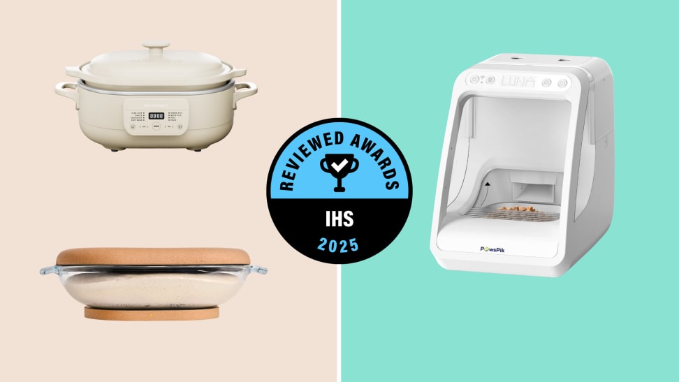 A slow-cooker, a sourdough container and a pet feeder sit on a pastel background