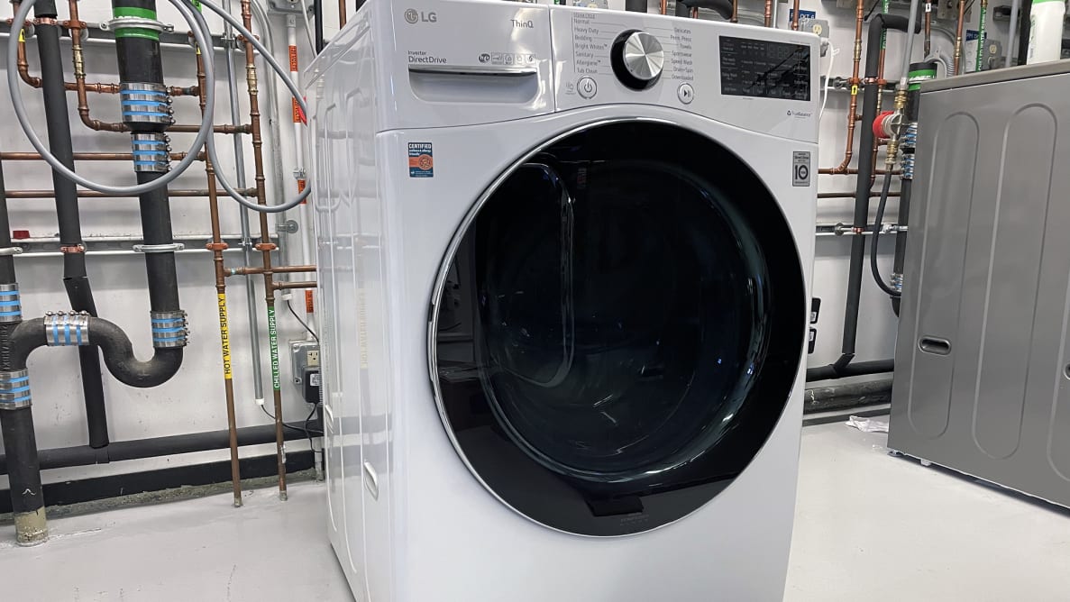 A white LG WM4200HWA sits in an industrial lab.