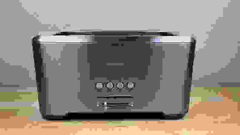 Breville stainless steel 4-slice toaster shot on a countertop