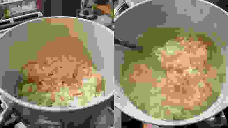 Side-by-side shots of rice being cooked in on of the pots next to another of pasta being boiled.