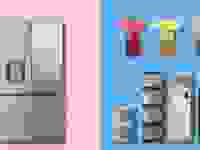 A variety of LG products (including a refrigerator, air purifiers and shoe boxes) in front of a blue and pink background.