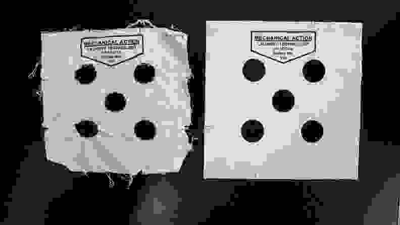 Two strips are laid out with 5 holes cut in the center of each, resembling the face of playing dice. On one side the strip looks cleanly cut. This is before a wash cycle. The other strip is frayed and wrinkled—this is what the same strip looks like after a wash.