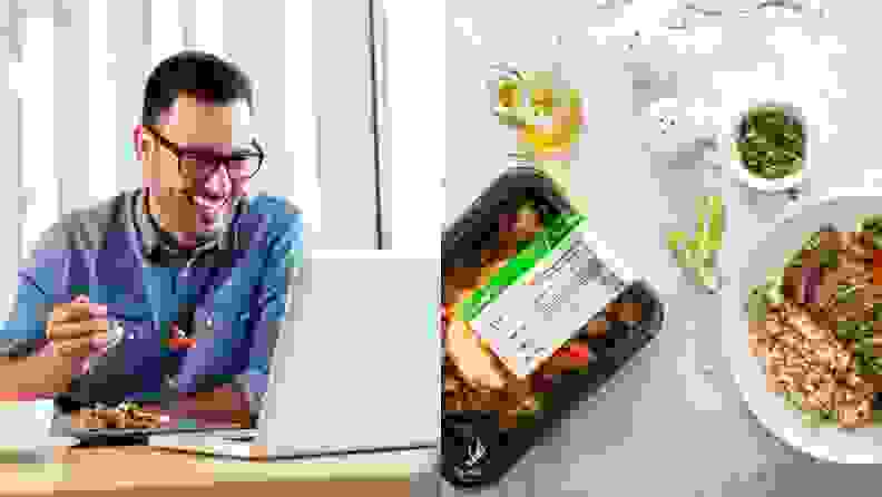 Left: person eating Modify Health meal while looking at a laptop. Right: surface with prepared and packaged Modify Health meals.