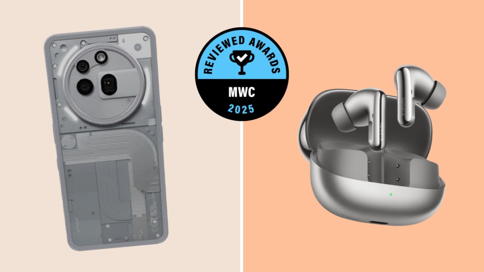 A silver Nothing phone and Xiaomi earbuds sit on an orange background