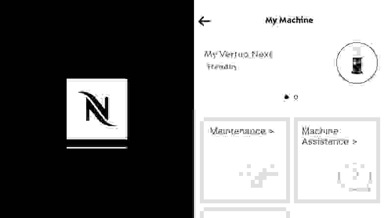 On left, black Nespresso logo. On right, screenshot of the Nespresso phone app.