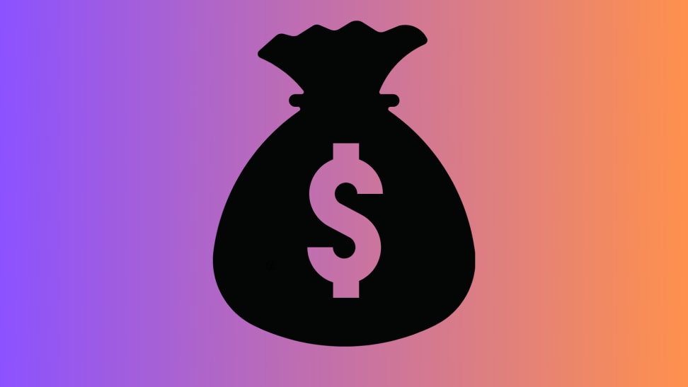 A large black money bag graphic on a orange and purple background