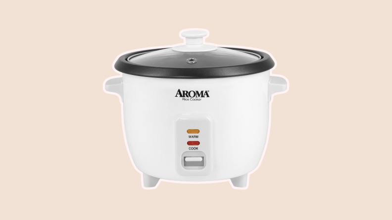Product shot of a white Aroma Homewares Rice Cooker with lid on top.