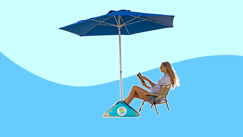 Woman relaxing under beachBUB umbrella on colored background