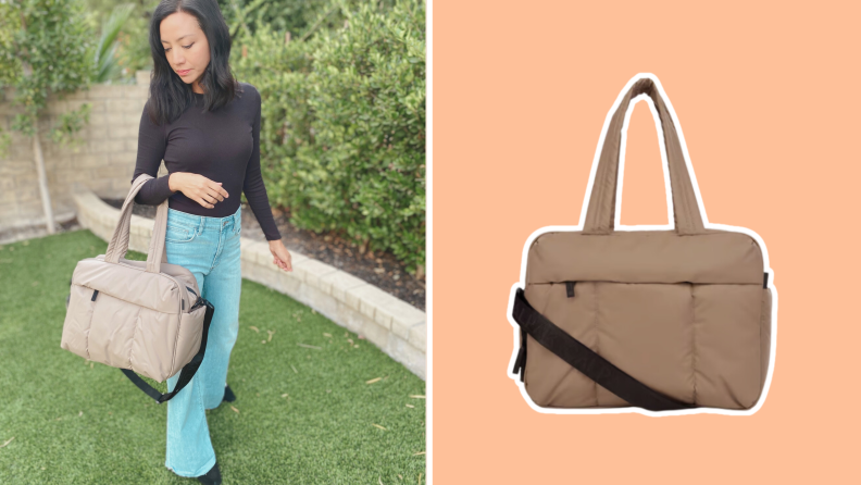 A photo collage of a woman holding a light brown Calpak Luka Duffel on forearm and a shot of the bag by itself.