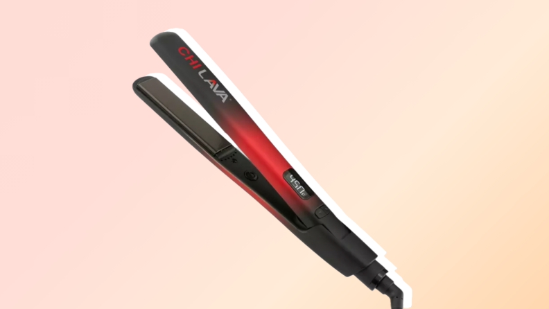 CHI flat iron against a red and orange background.