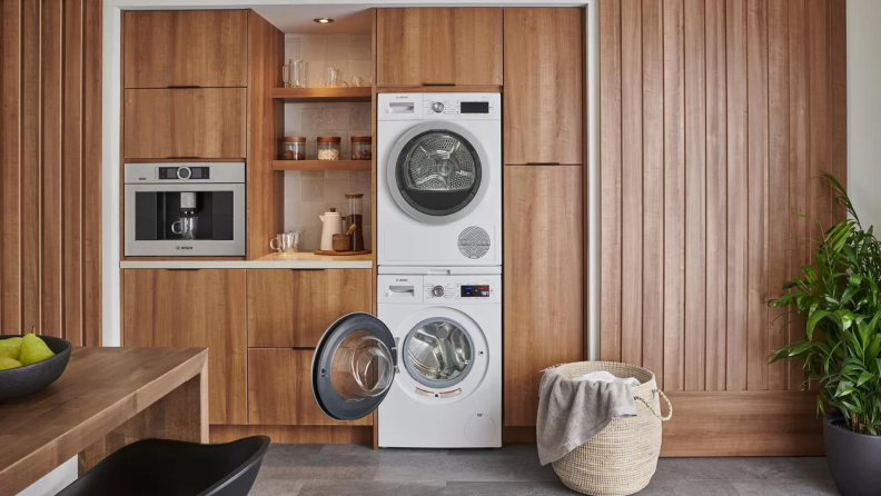 Modern washer and dryer set from Bosch in kitchen.