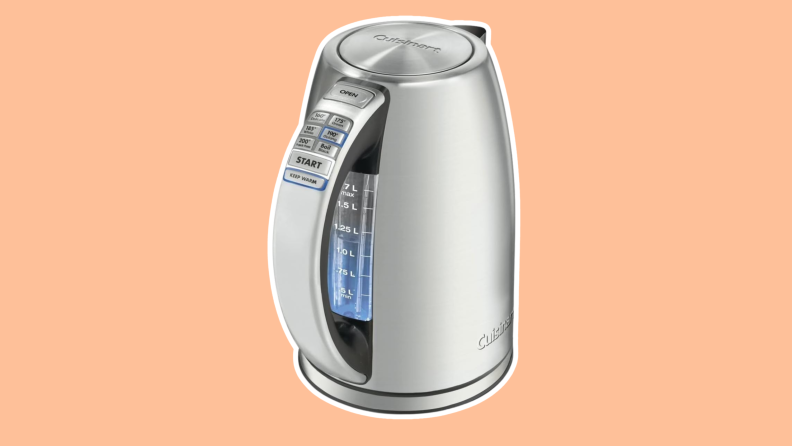 The Cuisinart PerfecTemp Cordless Electric Kettle with assorted programming buttons on the handle.