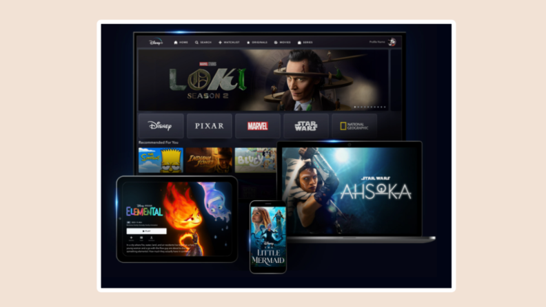Disney+ programming displayed on different devices, including tablet and mobile.