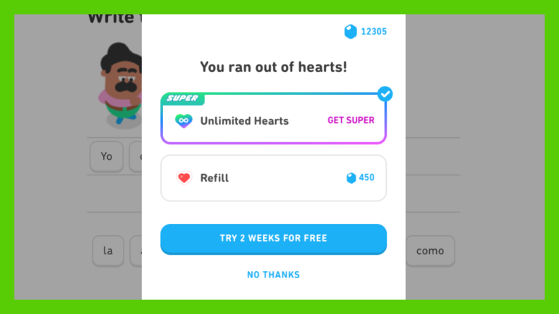 A Duolingo pop-up message stating "You ran out of hearts!" with options to get unlimited hearts by subscribing to Super or refilling with 450 gems.