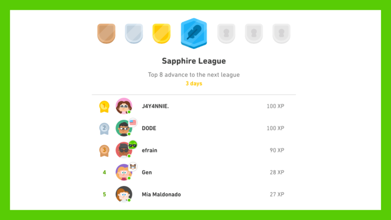 A Duolingo leaderboard screen showing the Sapphire League rankings, with the top five users and their XP points displayed.