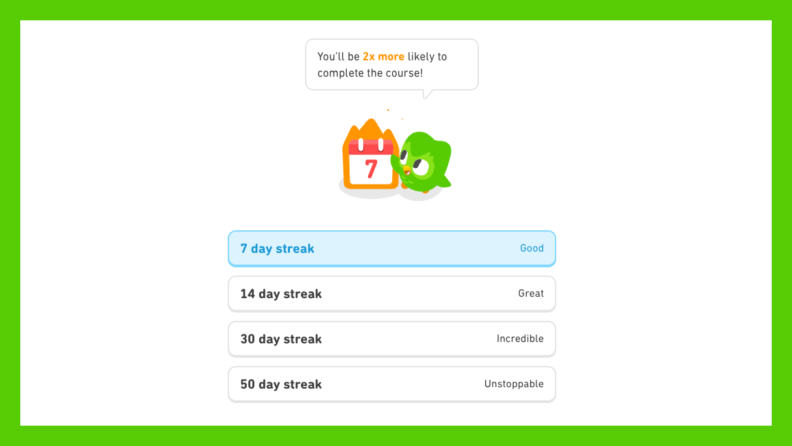 A Duolingo streak progress screen showing a 7-day streak with motivational messages and rankings for 14, 30, and 50-day streaks.
