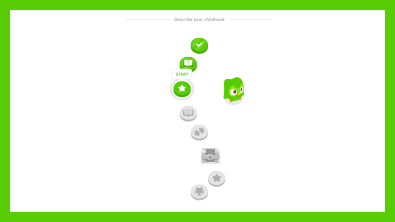A Duolingo lesson path screen showing progress through the “Describe your childhood” unit, with the owl mascot standing next to the current lesson.