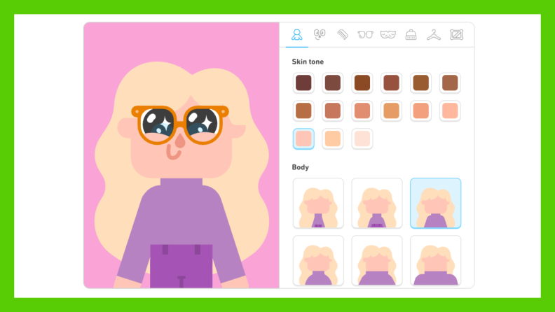 A Duolingo avatar customization screen showing options for skin tone, body type, and accessories, with a character wearing glasses and a purple outfit.