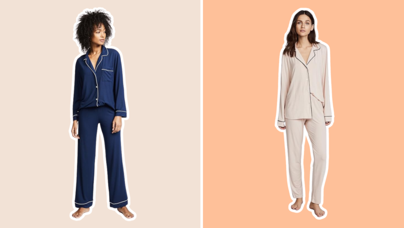 Photo collage of two models showcasing the Eberjey Gisele pajama sets in blue and pink.