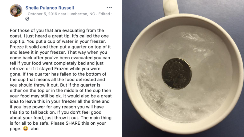 Left: A screenshot of a Facebook post reading out Russell's advice, Right: Russell's photo of a quarter inside a cup of frozen water