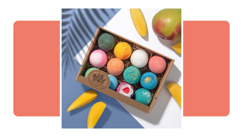 A box filled with 12 colorful LifeAround2Angels Bath Bombs.