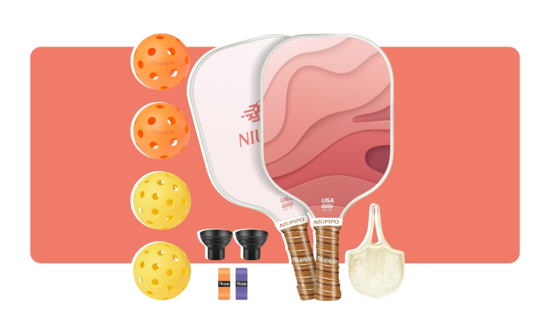 A Niupipo Pickleball set with four orange and yellow balls, two printed padded and other assorted items.