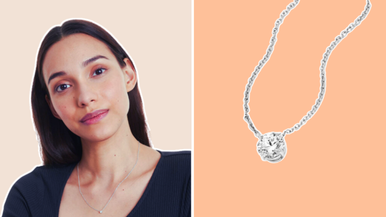 A photo collage of a person modeling a James Allen white gold diamond solitaire pendant and close up shot in detail.