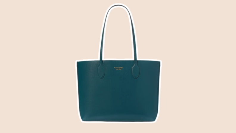 A Kate Spade Bleecker Large Tote in Artesian Green color with 11-inch strap drop.