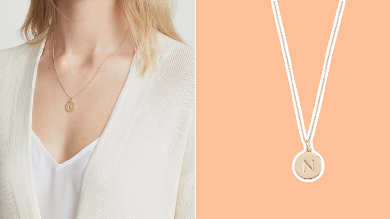 A photo collage of of person modeling a Kate Spade initial pendant around neck next to also closer view of the necklace's chain and pendant.
