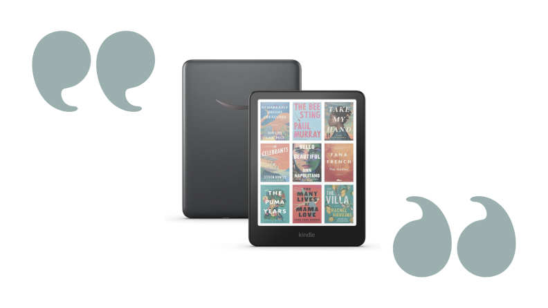 A Kindle on a white background with green quotation marks
