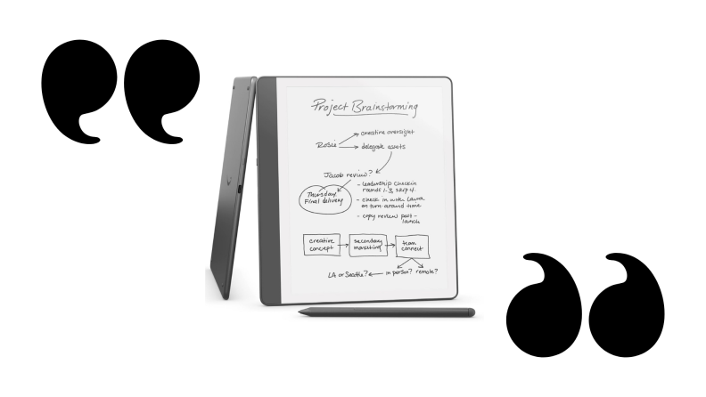 A Kindle on a white background with black quotation marks