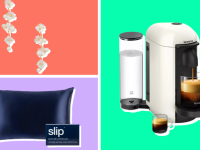 A colorful photo collage of a Kate Spade Precious Pansy Statement Linear Earrings, a navy blue Slip Pure Silk Pillowcase and a white Nespresso VertuoPlus Single-Serve Coffee Maker.