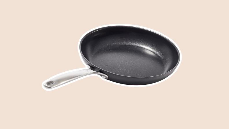 Product shot of the OXO 10-inch Fry Pan with stainless steel handle.