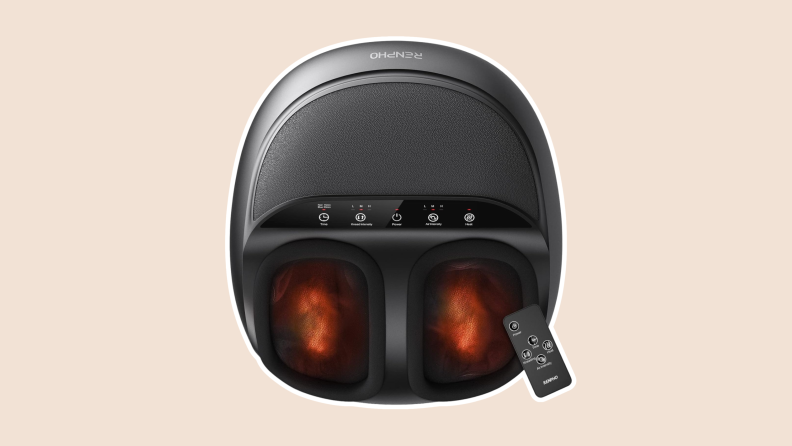 Renpho foot massager, in black, features a remote to control functions.