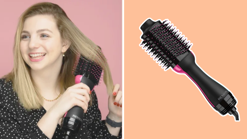 Photo collage of a person smiling while using a Revlon One-Step Hair Dryer in their own hair and a product shot of the Revlon One-Step Hair.