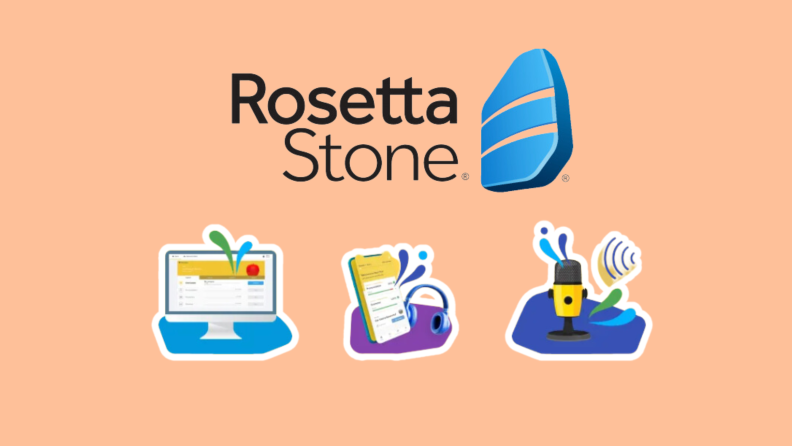 Rosetta Stone logo surrounded by graphics of a desktop computer, a smartphone next to a headset and a microphone.
