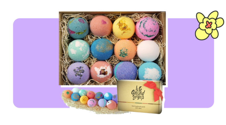 A container filled with 12 colorful bath bombs in front of purple background with a yellow cartoon flower in the corner.