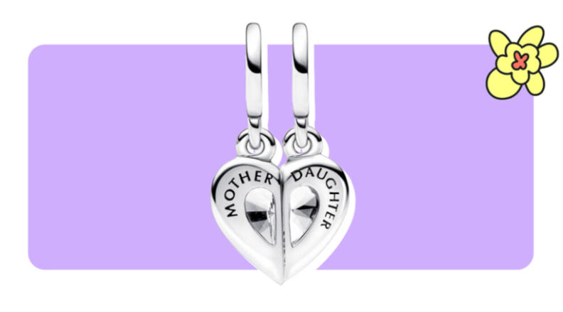 Two Pandora charms that have two halves on a single, silver heart in front of purple background with a yellow cartoon flower in the corner.