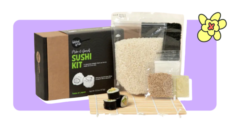 A sushi making kit with assorted baggies of ingredients Uncommon Goods.